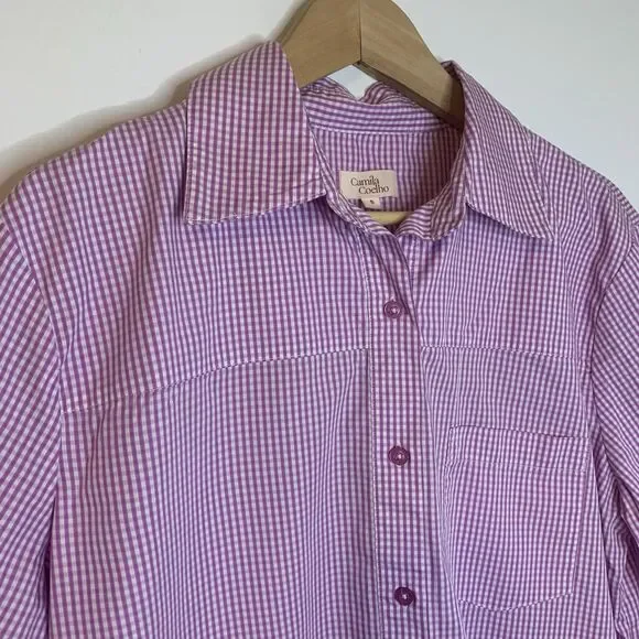 Camila Coelho Elliot Shirt Dress Gingham Check Pink Lilac White - Small - Picture 4 of 16